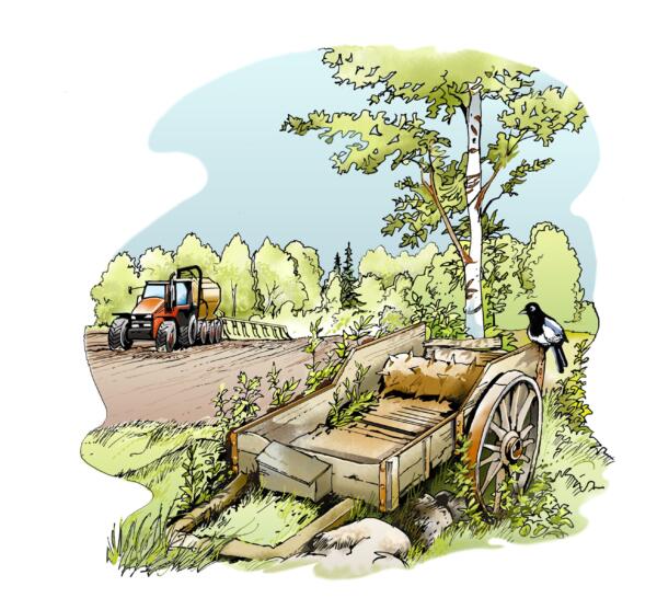 Illustration av odlingsfält och plog för kåseri i tidningen Traktor.