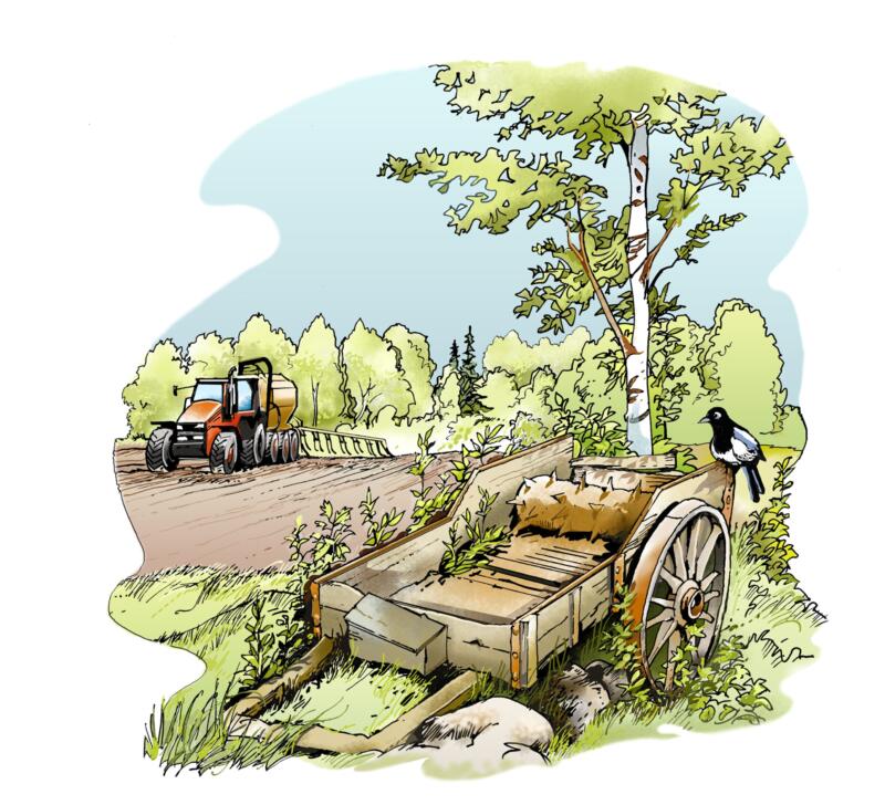 Illustration av odlingsfält och plog för kåseri i tidningen Traktor.