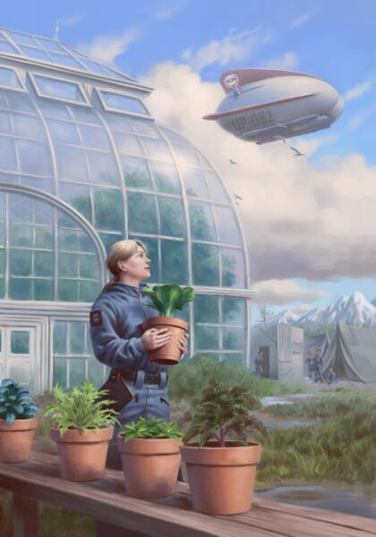 Futuristisk illustration med en person vid ett växthus som blickar upp mot ett luftskepp i himlen.