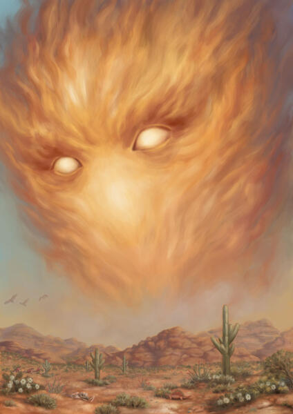 Illustration av ett ökenlandskap, på himlen en stor eldsflamma med ögon.