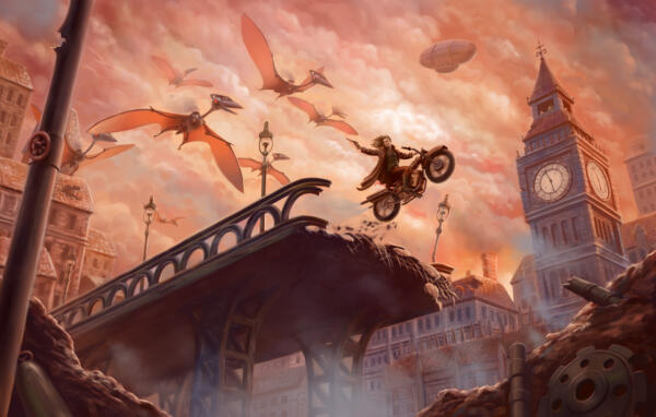 Steampunk-illustration med robotar, dinosaurier och motorcyklar i postapokalyptisk stad