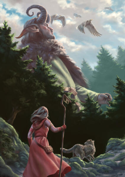 Fantasyillustration med en person som står inför en gigantisk jätte.