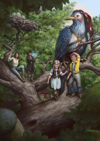 Fantasyinspirerad illustration av en familj i ett träd.