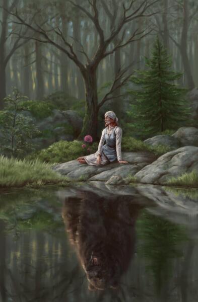 Illustration av kvinna vid en sjö vars spegelbild är en björn, från Tolkiens mytologi.