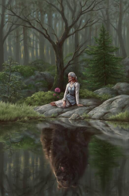 Illustration av kvinna vid en sjö vars spegelbild är en björn, från Tolkiens mytologi.