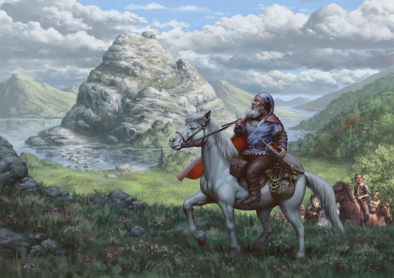 Illustration av en ryttare vid en flod inspirerad av Sagan om ringen.