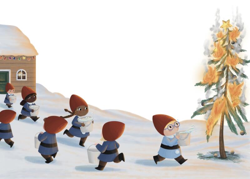 En illustration från boken Önskelistan. En julgran brinner och flera tomtenissar kämpar med hinkar med vatten för att släcka elden.
