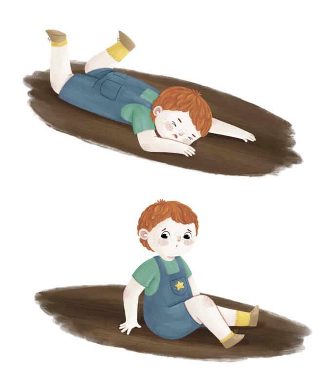 Två illustrationer till boken Flyga med kajor.  På den översta bilden ser man hur huvudkaraktären Theo har ramlat, han ligger på mage på marken. På den andra sitter Theo upp och ser ledsen ut.