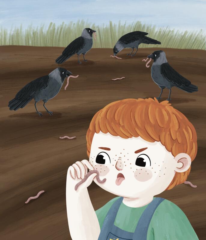Illustration till boken Flyga med kajor. I förgrunden syns huvudkarkatären Theo som håller upp en mask och räcker ut tungan. I bakgrunden syns kajorna som äter maskar.