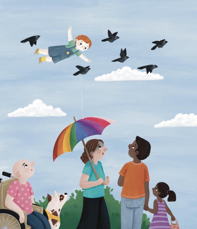 Illustration till boken Flyga med kajor. Huvudkaraktären Theo flyger med kajorna och det står en liten folksamling på marken och tittar upp på honom. En kaja bajsar på en kvinna med paraply.