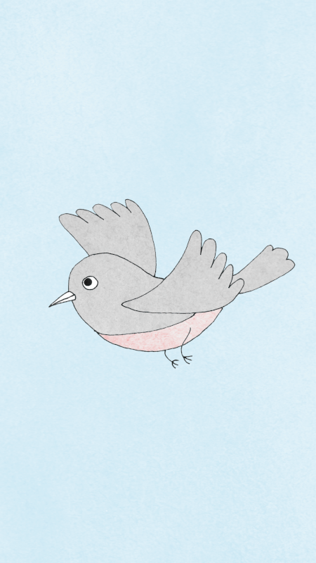 Animation av en fågel som flyger i himlen, lekfull stil, färglagd med akvarell.