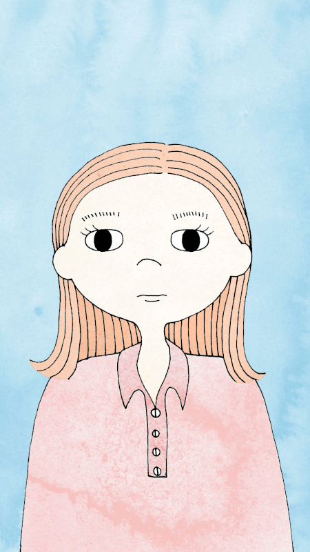 Rörlig illustration av en flicka som gråter med tydliga konturlinjer. Små tårar rinner ner längs för hennes kinder.