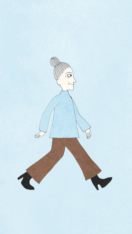 Rörlig illustration, gångcykel, på en tant som promenerar mot en enfärgad blå bakgrund, färglagd med akvarell.