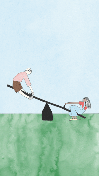 Animerad illustration på två personer som gungar gungbräda på en grön gräsmatta med himmel i akvarell i bakgrunden.