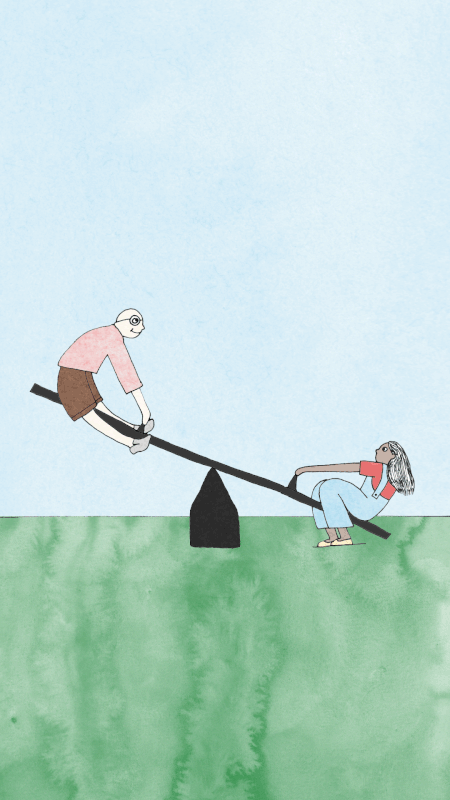 Animerad illustration på två personer som gungar gungbräda på en grön gräsmatta med himmel i akvarell i bakgrunden.