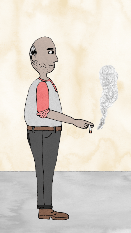 Enkel, rörlig illustration gif av en man som röker och ser lite misstänksam ut, färglagd med akvarell och med tydliga konturlinjer i svart.