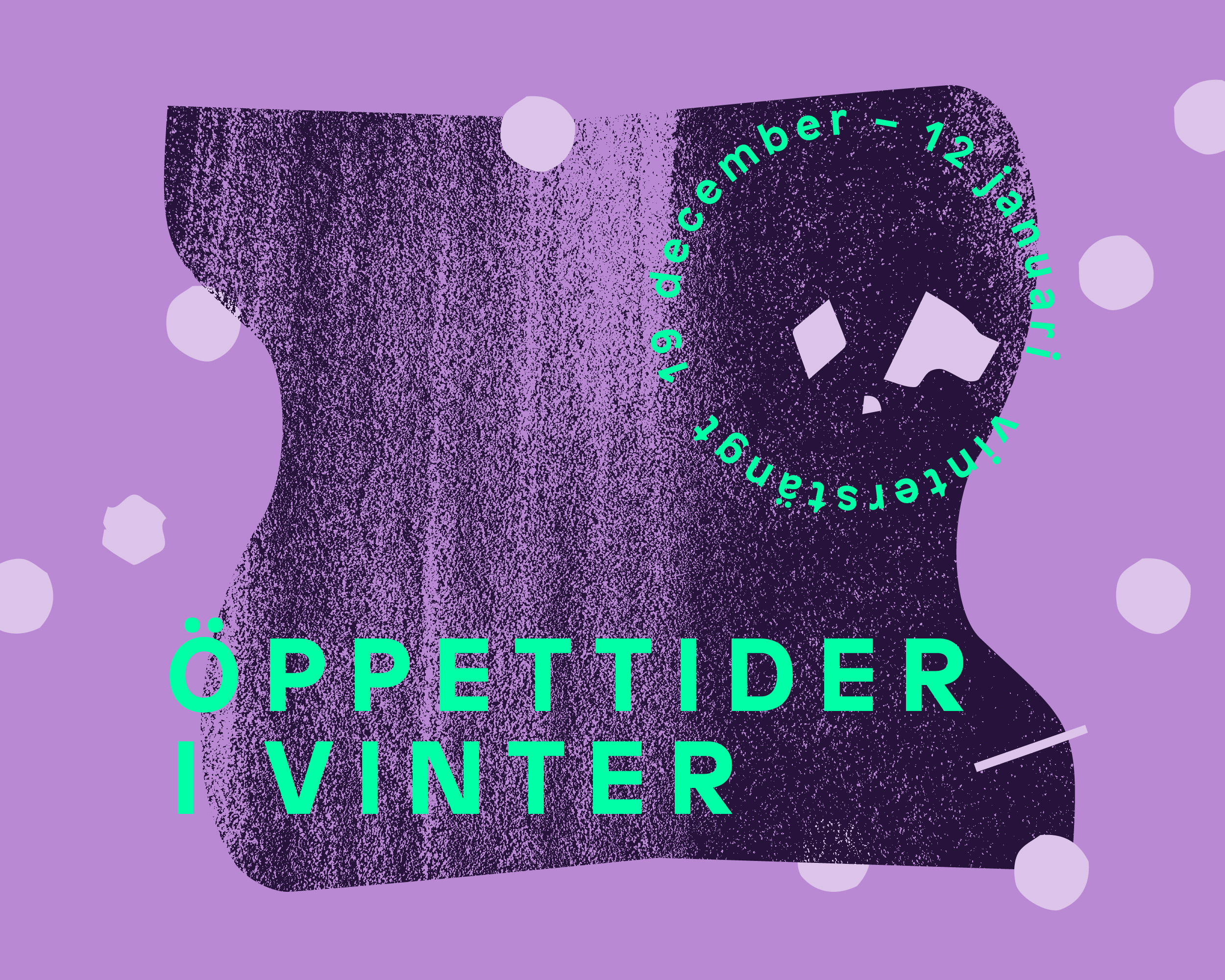 Abstrakta lila former som liknar snö och text om Illustratörcentrums öppettider under jul och nyår