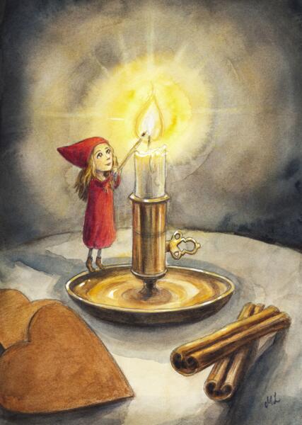Julkort i akvarell för PostNord. Tomtenissa tänder ett ljus. Pepparkakor och kanelstänger framför en gammaldags ljusstake i mässing. Inspirerat av folktro om tomtenissar. Gammaldags julkort, nostalgi.