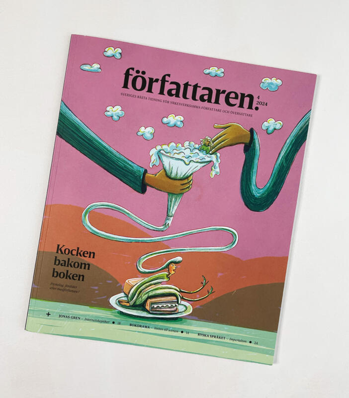Tidning med ett illustrerat omslag där en kvinna sitter på en bakelse formad som en bok, medan två händer håller en sprits och spritsar grädde.