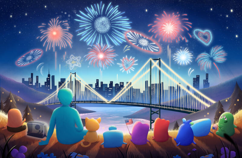 Karaktärer sitter på en kulle och se över en stad med fyrverkerier över himmelen för att fira 4th of July