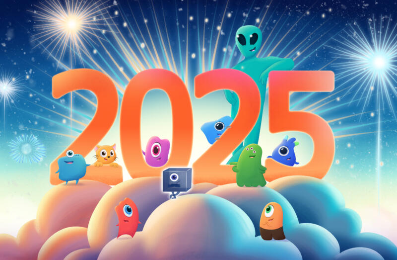 Karaktärer firar nyår 2024, på en moln med vackert ljus och fyrverkerier i bakgrunden