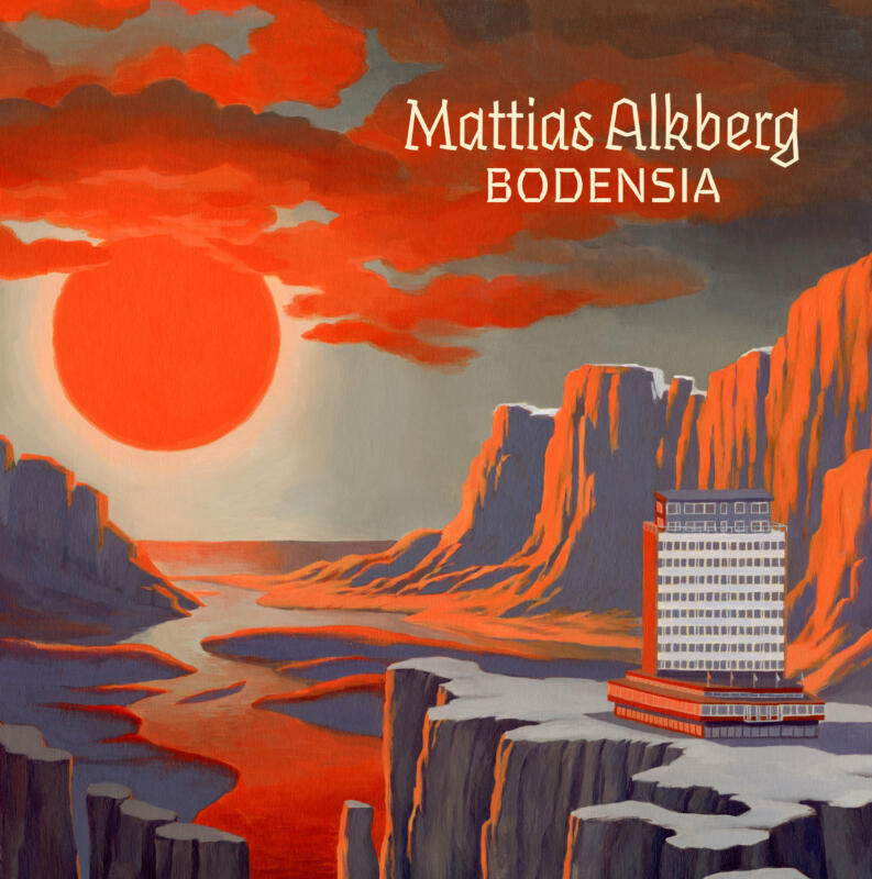 En färgstark målning av ett dramatiskt science fiction landskap met ett hotell på ett planet, med berg, en röd sol och moln