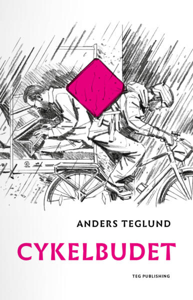 Svartvitt blyertsteckning av ett Foodora bud som cyklar i regn framför en affisch med en konsertpianist