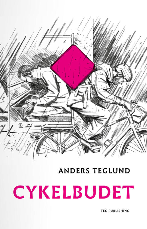 Svartvitt blyertsteckning av ett Foodora bud som cyklar i regn framför en affisch med en konsertpianist