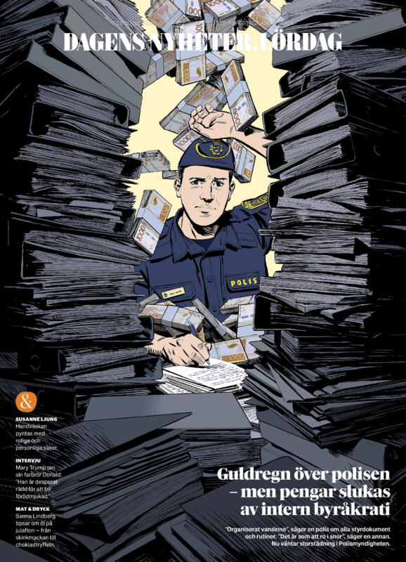 En polis gör pappersarbete, omgiven av papper och pärmar, sedelbuntar regnar ovanifrån