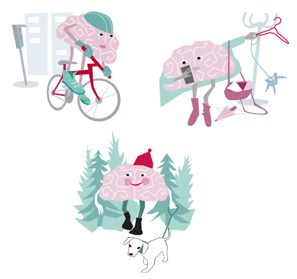 1. ”Hjärna”cyklar ute i trafiken. 2. ”Hjärna” är står i hallen för att ta av sig ytterkläderna samtidigt som telefonen ringer. 3. ”Hjärna” går en skogspromenad med hund.