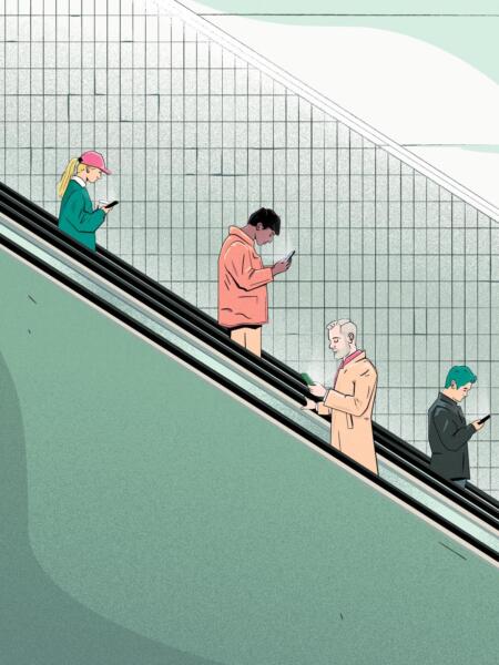 Fyra personer, en kvinna och tre män, åker rulltrappa medan de stirrar på sina mobiler. Bilden är ritad i en grön färgskala och serietidningsform. Bilden är redaktionell bild som handlar om att må bättre genom att le mera.