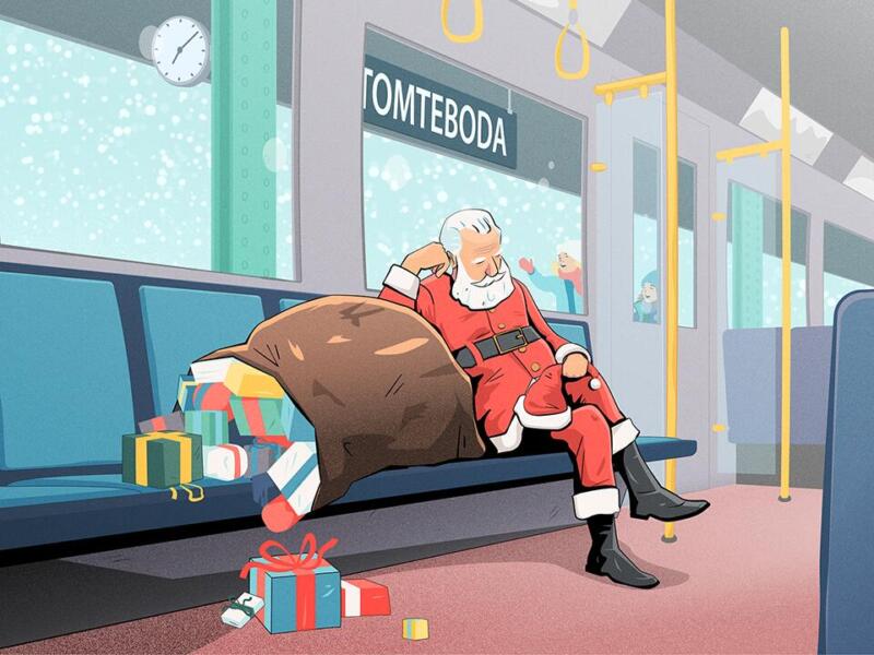 Tomten sitter på tunnelbanan och sover efter en lång period av stress. Julklappar ramlar ner från sätet och sprider sig på golvet. I bakgrunden syns en hållplats där två glada flickor springer för att hinna med tunnelbanan.