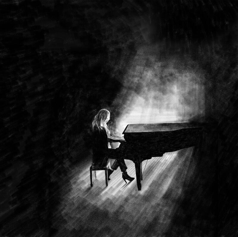 Teckning i blyerts av kvinna som spelar piano.