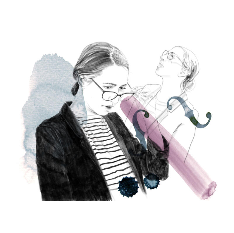 Illustration i blyerts föreställande en tjej som ser på saker från olika synvinklar