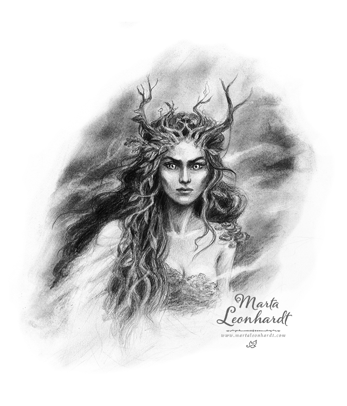 Bokillustrationer till barnboken "Skrothandlarens dotter" i blyerts och kol. Teckning av ett Skogsrå eller Huldra. Fantasy, 9-12. 