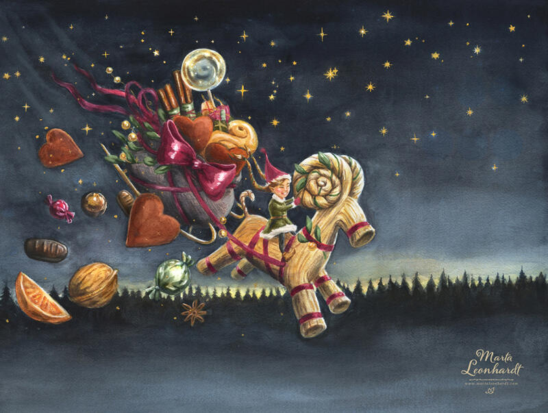 Julmotiv Hedlundgruppen, akvarell.  Illustration för produkter, jul, julkort, barnböcker, bilderböcker mm.