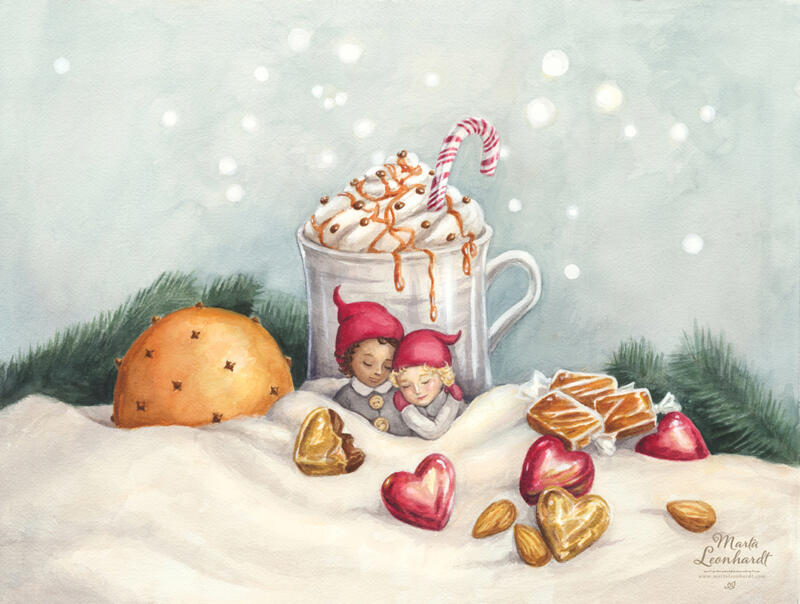 Julmotiv Hedlundgruppen, akvarell.  Illustration för produkter, jul, julkort, barnböcker, bilderböcker mm.
