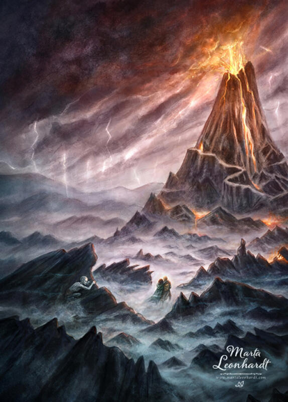 Bokomslag till "Konungens återkomst", avJ.R.R. Tolkien. Hobbitarna Frodo och Sam går mot Mount Doom, medan Gollum smyger i bakgrunden. Mörk fantasy bokillustration, målad med akvarell och Photoshop. Mixed media. 
