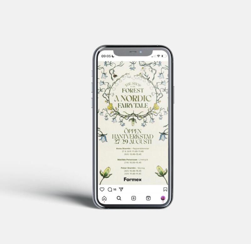 Telefon med en bild på ett instagraminlägg med ett botaniskt grafiskt koncept och grafisk layout och illustration. 