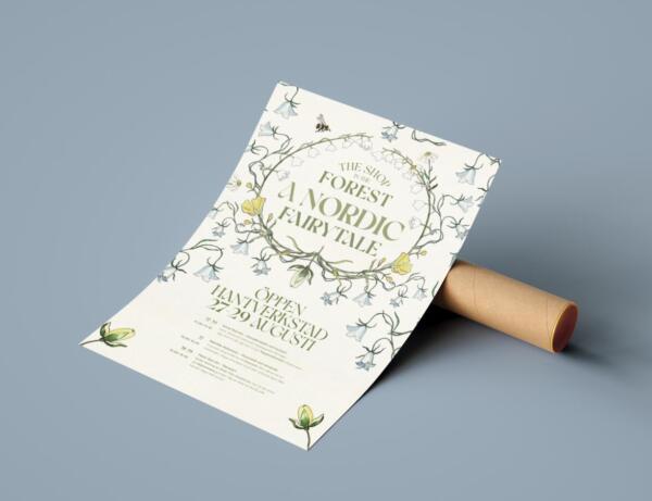 Poster med en botanisk illustration och grafisk design 