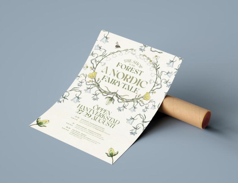 Poster med en botanisk illustration och grafisk design 