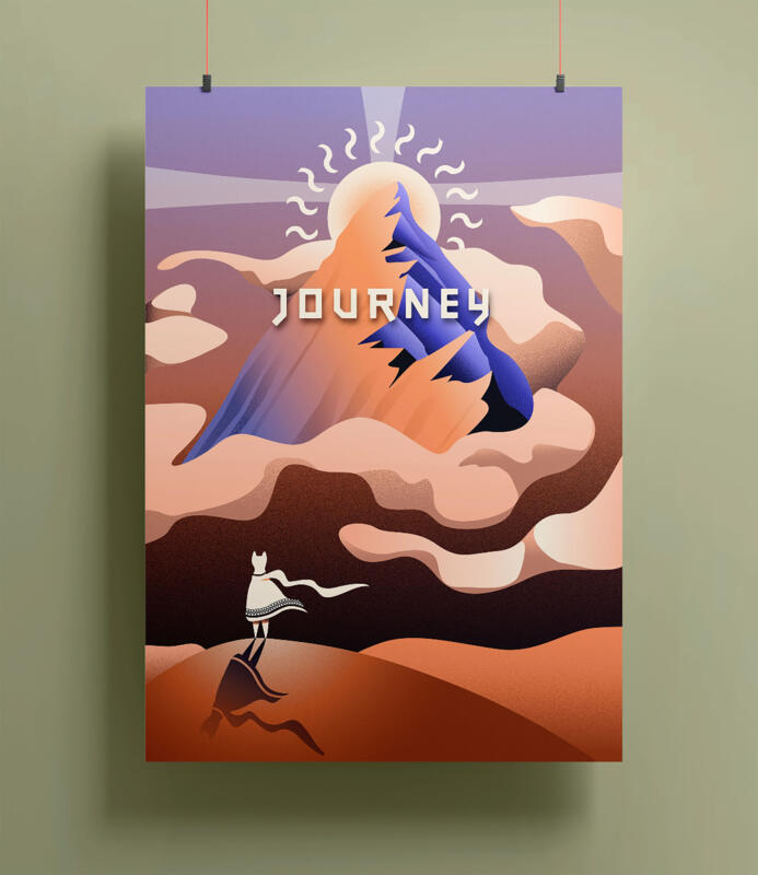 En illustration gjord i Adobe Illustrator, för spelet Journey, används som Poster. 