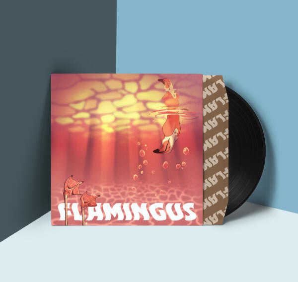 Omslagsbild för album till musikartist Flamingus. Bilden föreställer en flamingo som dyker ner med huvudet under vattnet, och deras fötter kommer ut från andra sidan. 