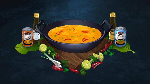 Digital konceptskiss av wokpanna och matprodukter för Mrs Cheng's, innehåller en färdiglagad curry omgiven av grönsaker och företagets produkter, så som soja och konserverad curry gryta. 