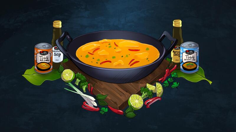 Digital konceptskiss av wokpanna och matprodukter för Mrs Cheng's, innehåller en färdiglagad curry omgiven av grönsaker och företagets produkter, så som soja och konserverad curry gryta. 