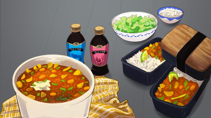 Digital konceptskiss för Touch of Taste matlådor och buljong. Produkterna ligger på ett bord omgiven av mat i form av en grönsaksgryta som ser god och färsk ut. 
