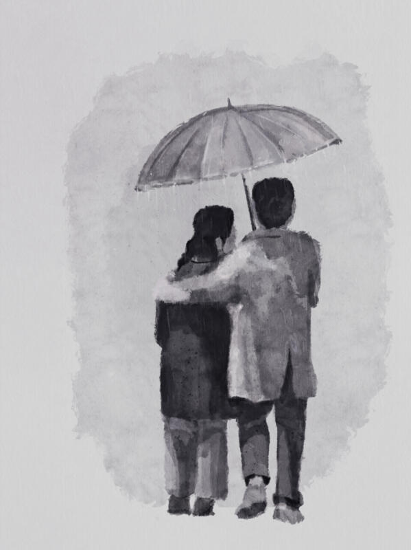 Noire style painting of couple in the rain, water color