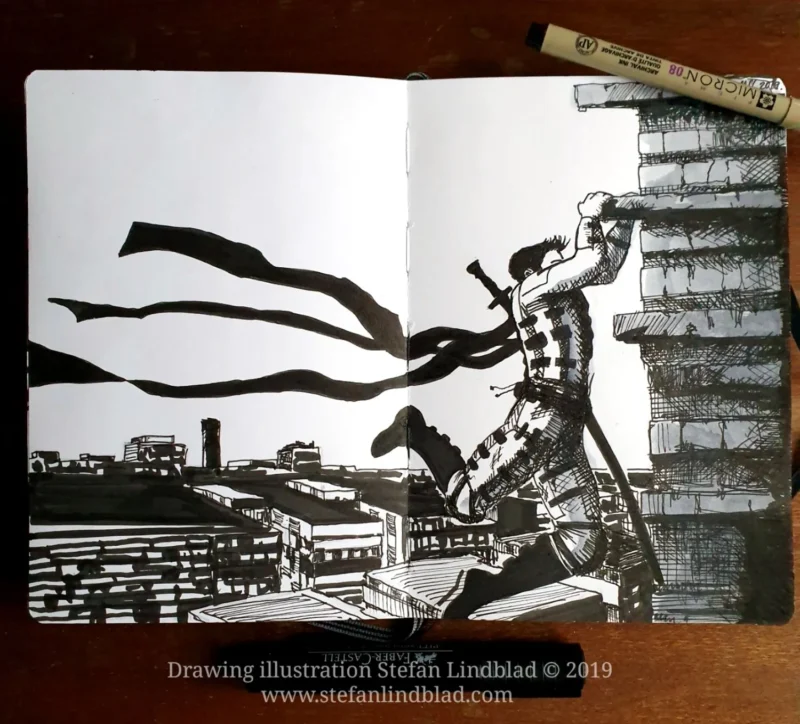 Tushteckning, ink drawing, En man en superhjälte klättrar upp på hus med svärd, A man a Superhero climbing up a tall buildingsand a sword