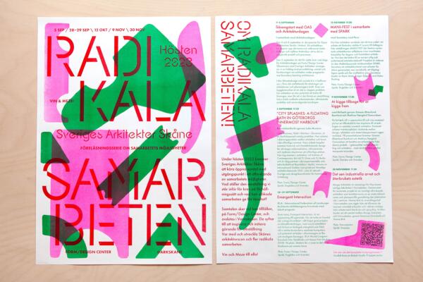 Fram och baksida på risotryckt affisch/flyer till föreläsningsserien "Radikala samarbeten".
