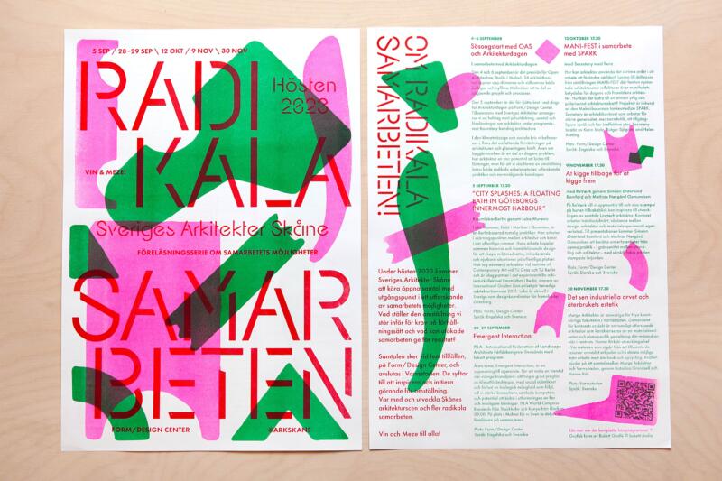 Fram och baksida på risotryckt affisch/flyer till föreläsningsserien "Radikala samarbeten".